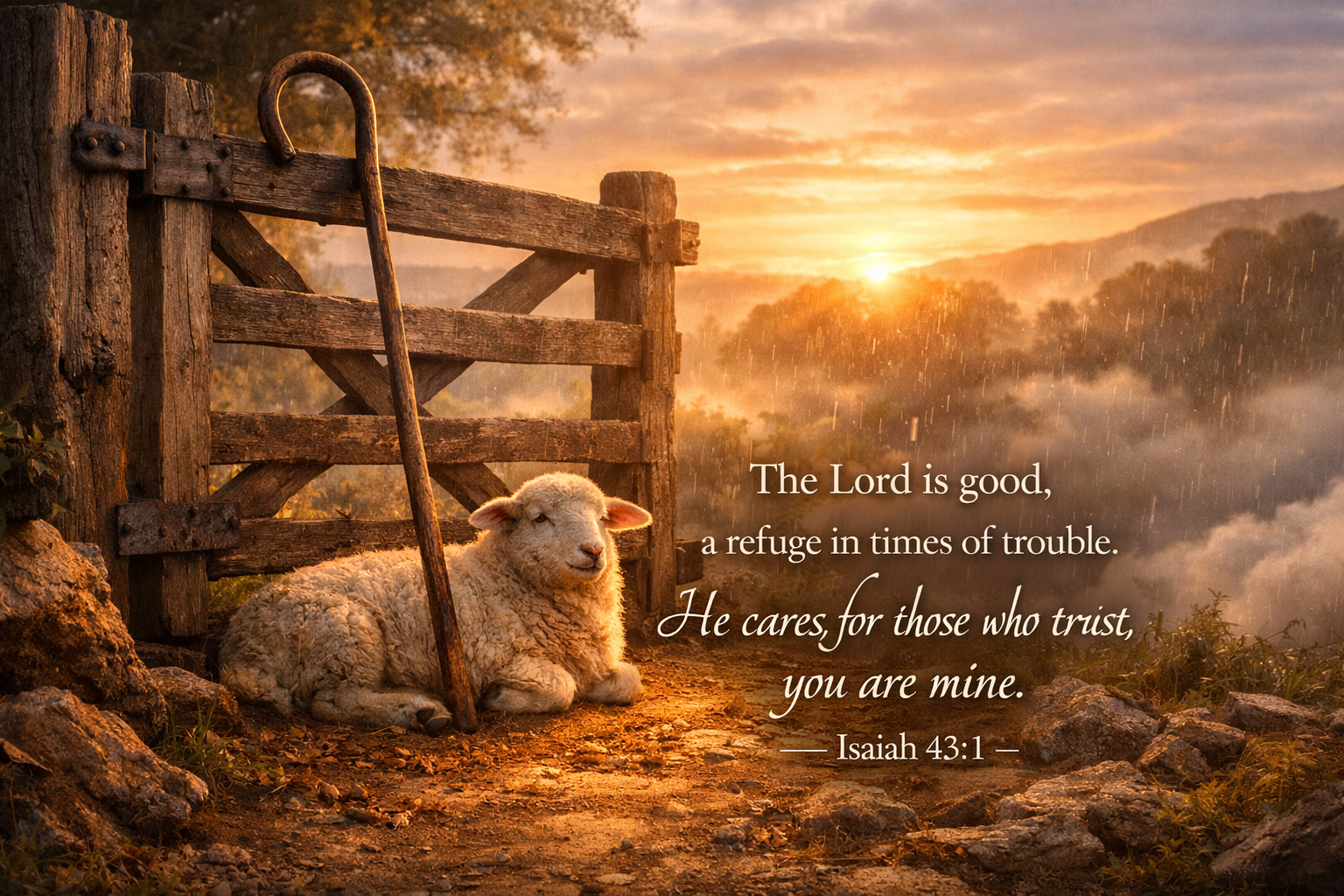 Isaiah 43:1 wallpaper shepherd crook and peaceful sheep by wooden gate at sunrise - summoned by name